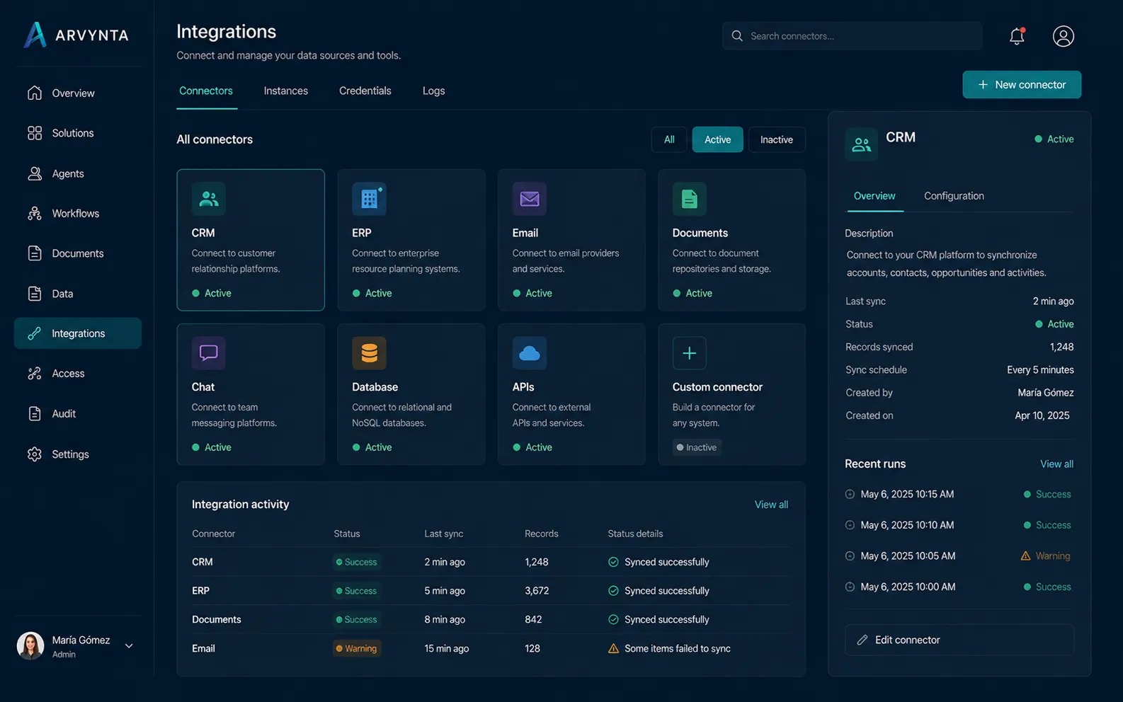 Ecosistema de conectores para CRM, ERP, repositorios documentales, correo, chat y bases de datos